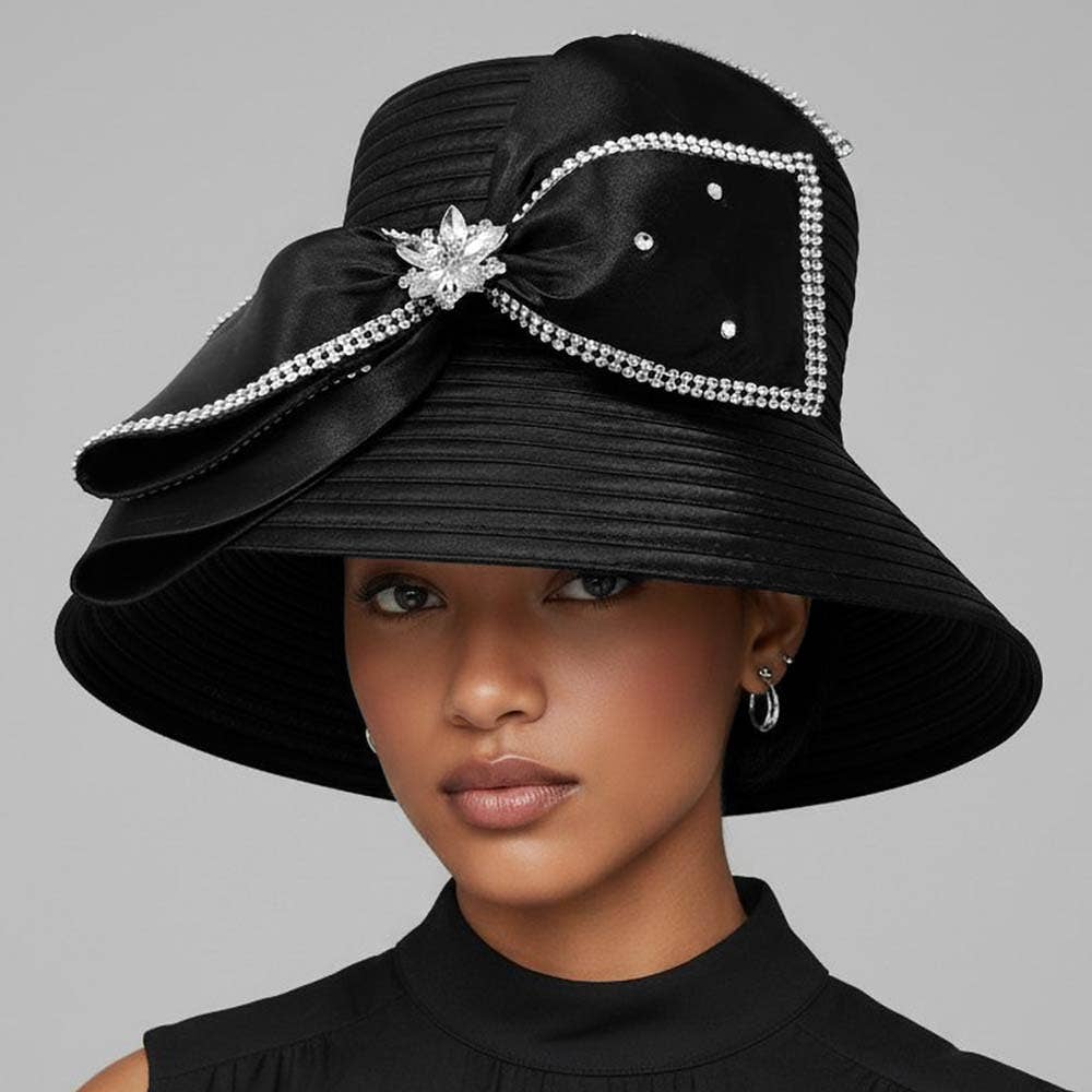 Elegant Floral Stone Cluster Embellished Bow Accent Wide Brim Statement Dressy Hat: Black