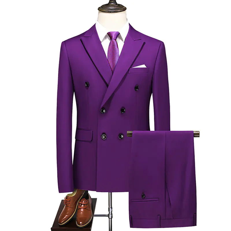 Men's Double Breasted Solid Color Coat and Trouser Suit with Lapel
