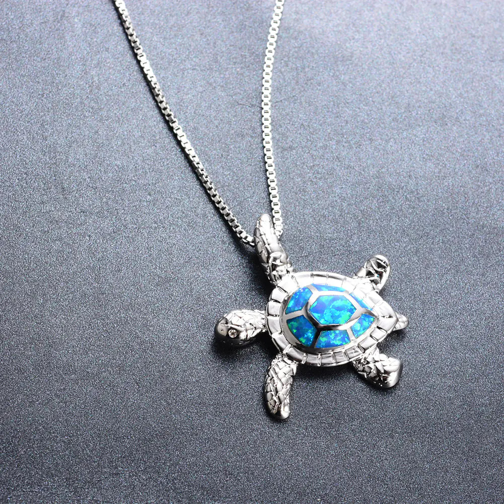 Colorful Opal Turtle Necklace with Diamond Pendant