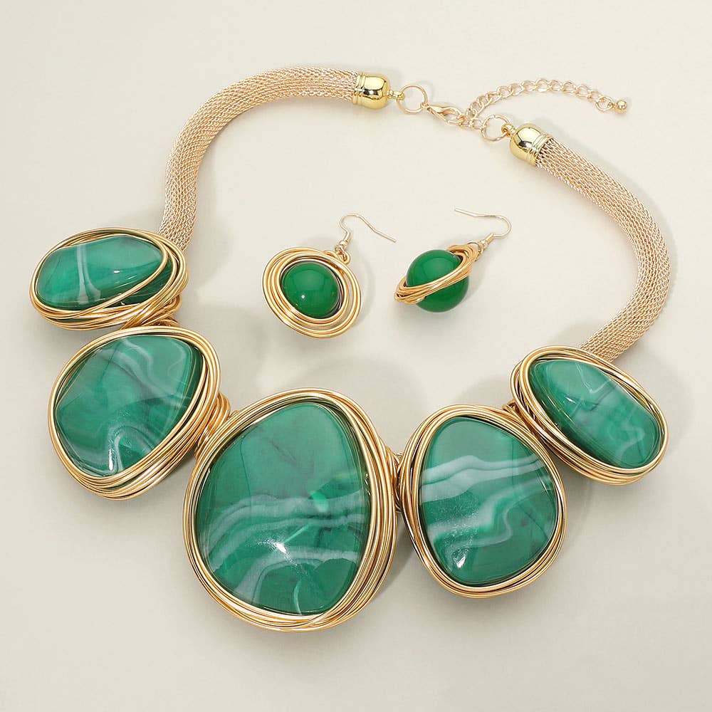 Bold Wire Wrapped Marbled Resin Link Statement Necklace: Brown