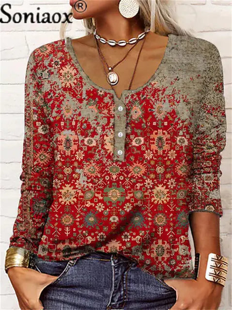 Vintage Women's Elegant Printed Loose Long Sleeve Tee