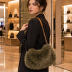 Fluffy Faux Fur Chain Strap Shoulder Handbag: Beige