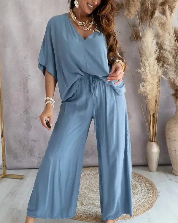 Summer V-Neck Batwing Sleeve Cotton Set