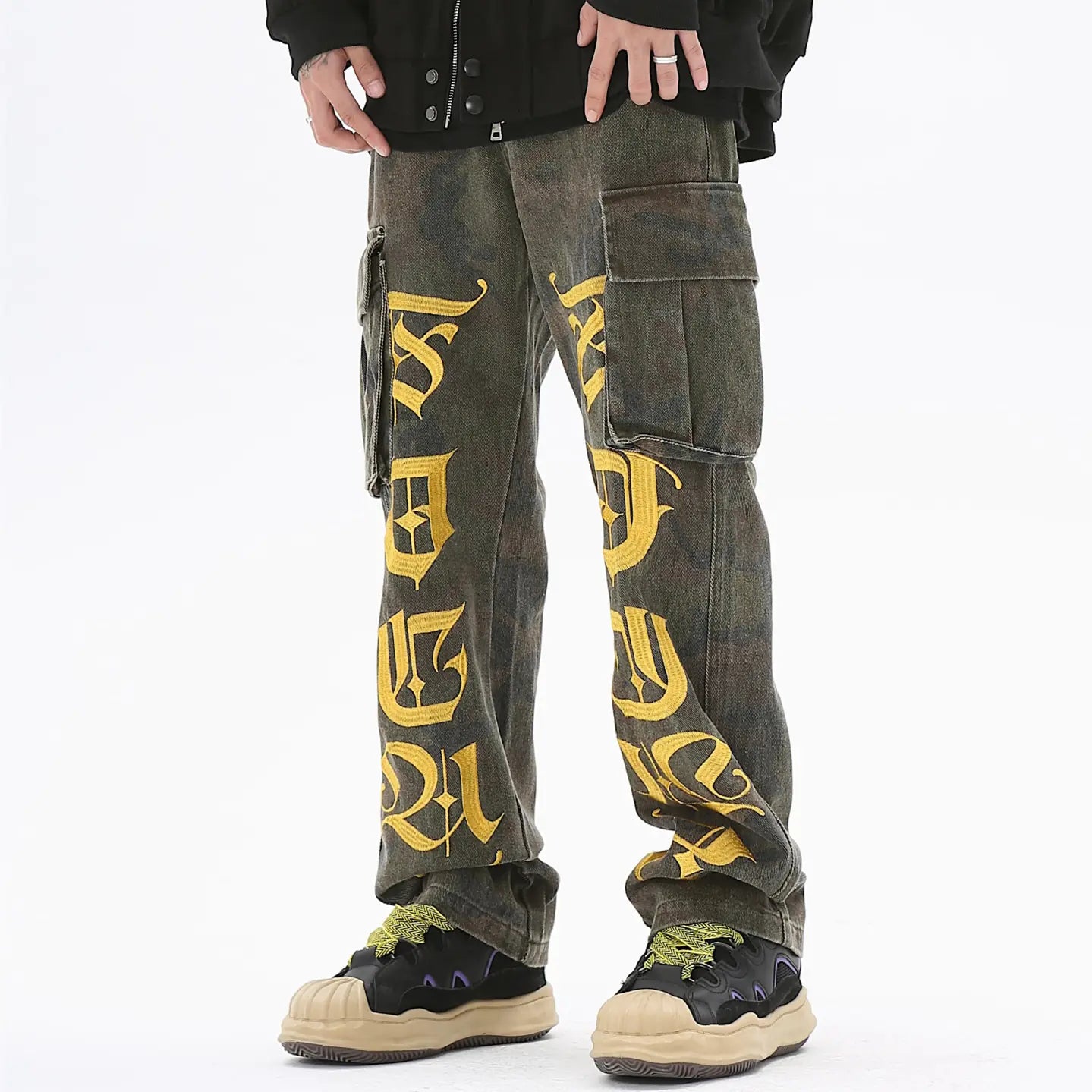 Embroidered Straight Cargo Denim Trousers for Men