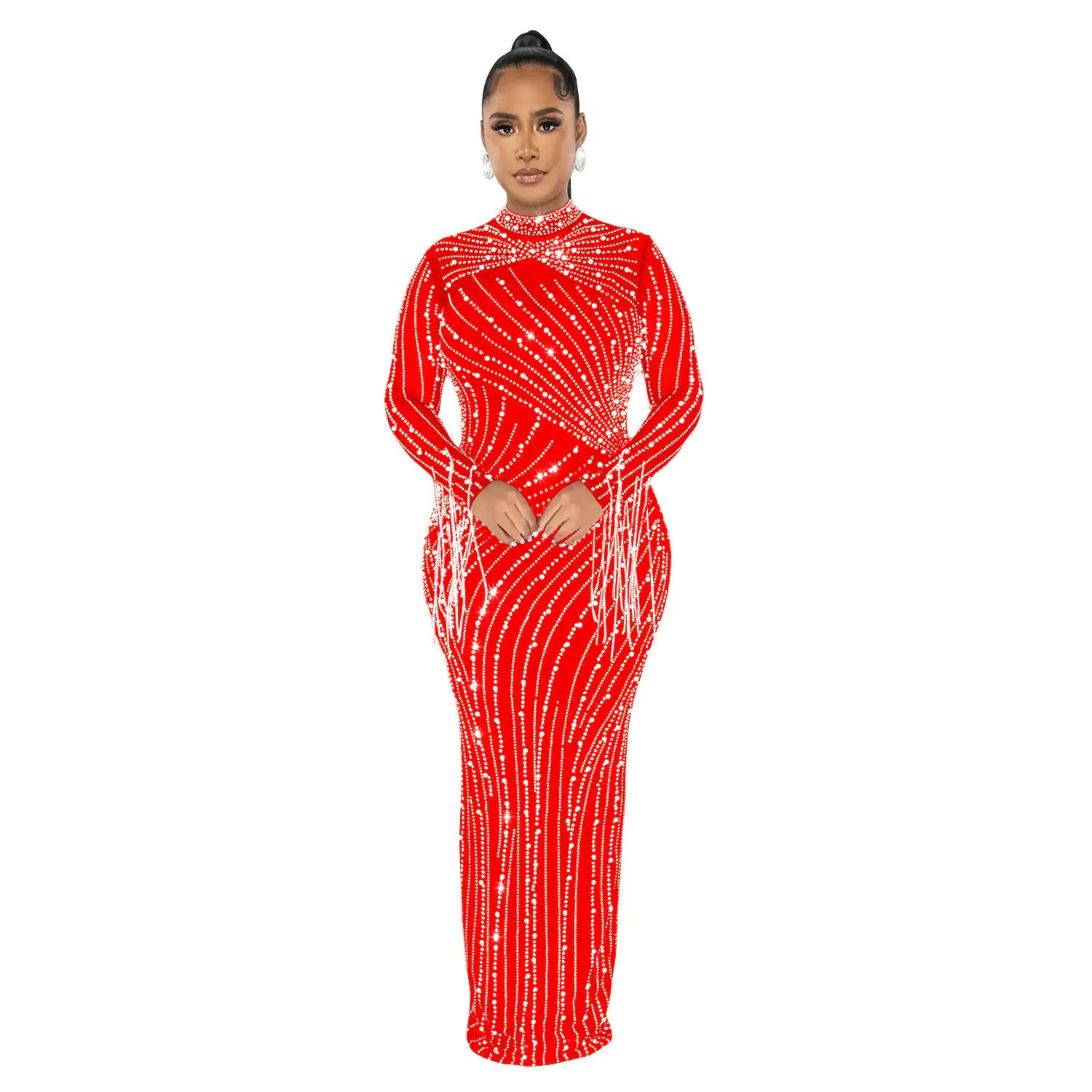 Women's Rhinestone Long Sleeve Mesh Dress Set