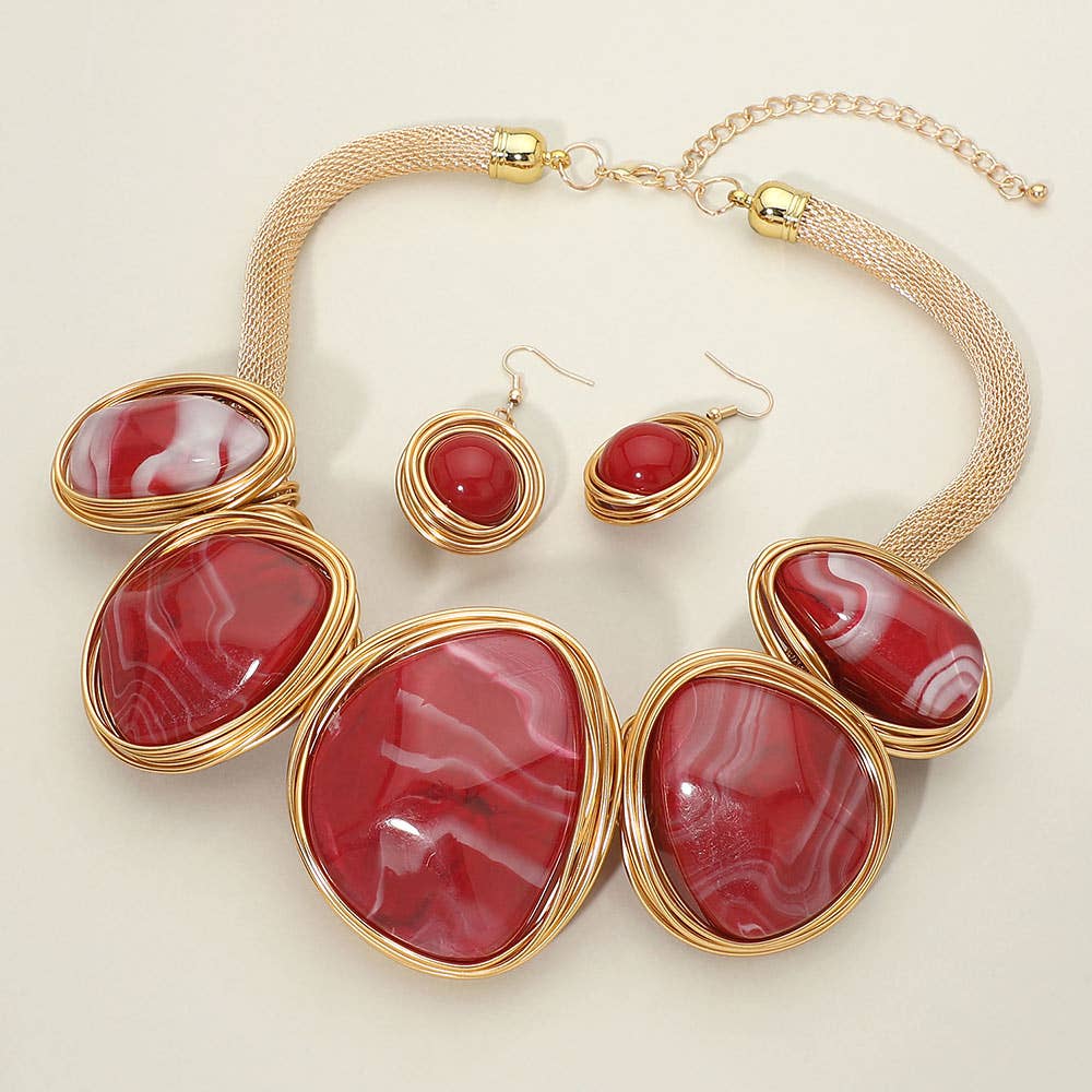 Bold Wire Wrapped Marbled Resin Link Statement Necklace: Yellow