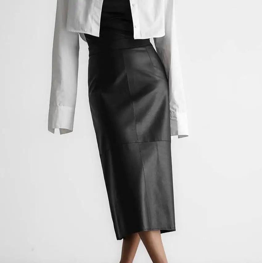 Women's High Waist Faux Leather Straight Skirt