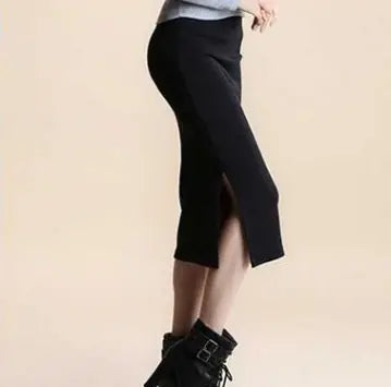 Mid-Waist Ribbed Knit Sheath Split Skirt