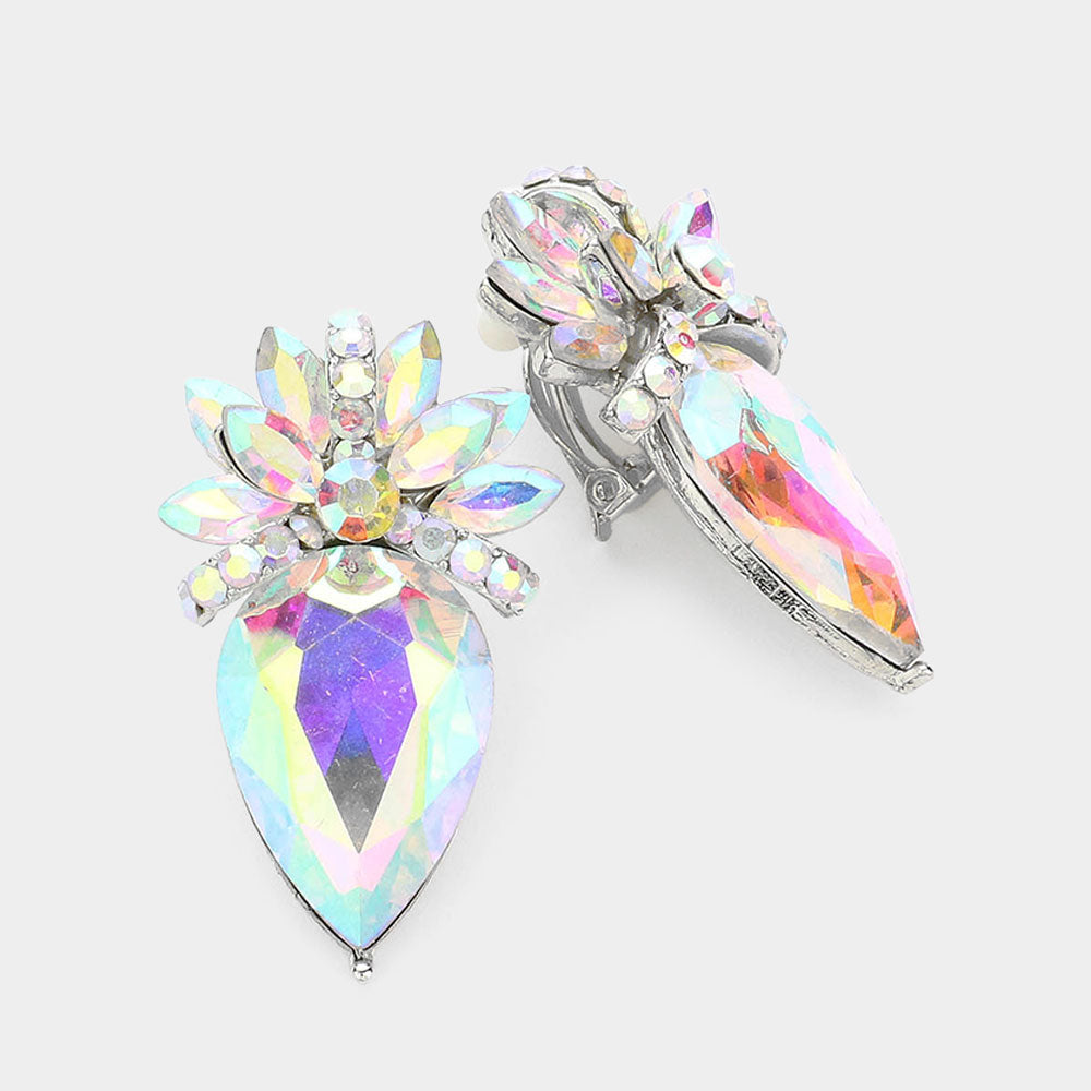 Floral Teardrop Crystal Clip On Earrings
