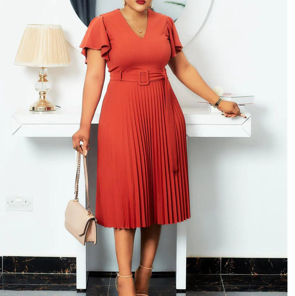 V-neck Pleated Dress with Lotus Leaf Sleeves (Plus Size)