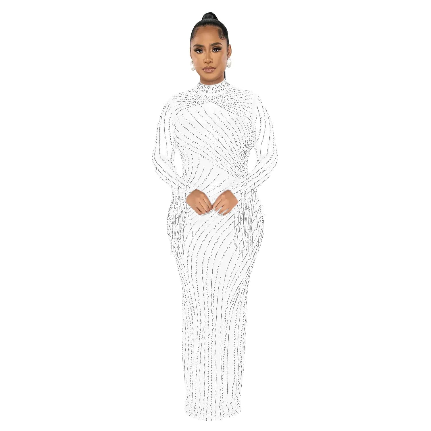 Women's Rhinestone Long Sleeve Mesh Dress Set