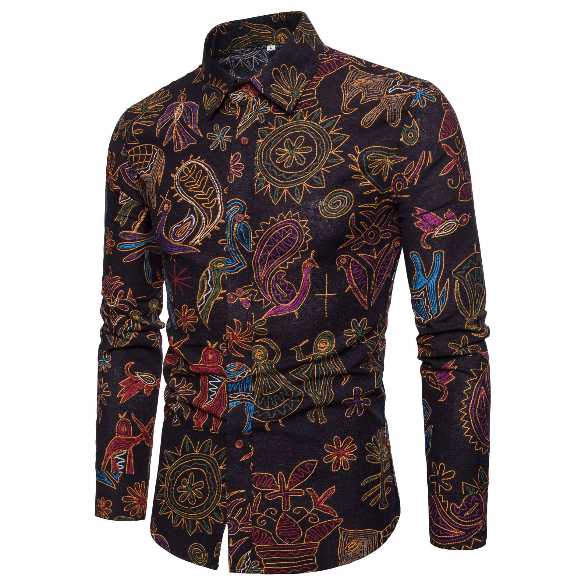 Men's Fashion Long Sleeve Floral Shirt for Fall