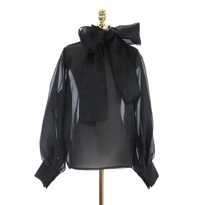 Fashion Sheer Bow Tie Puff Sleeve Shirt for Women