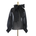 Fashion Sheer Bow Tie Puff Sleeve Shirt for Women
