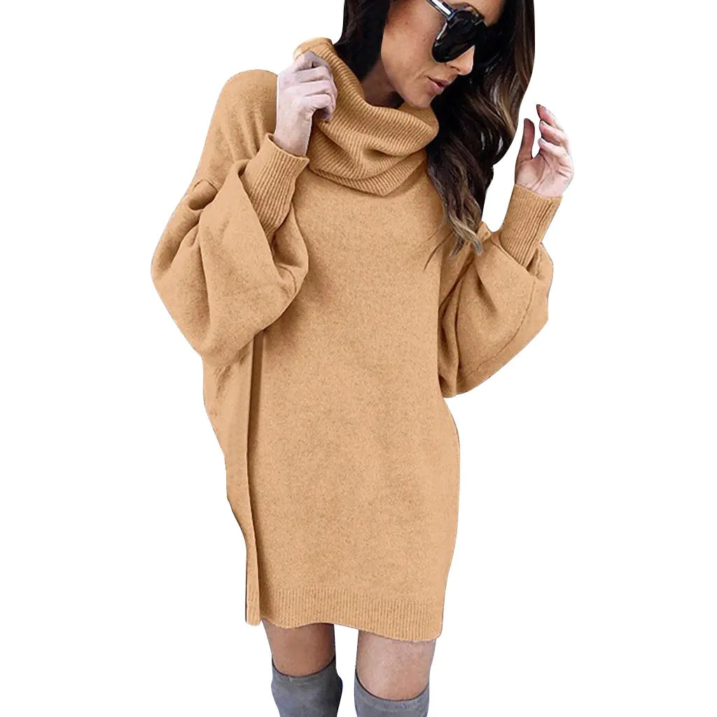 Autumn Warm Knitted Sweater Dress with Turtleneck