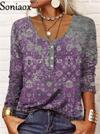Vintage Women's Elegant Printed Loose Long Sleeve Tee