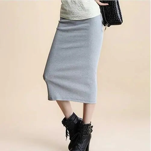 Mid-Waist Ribbed Knit Sheath Split Skirt