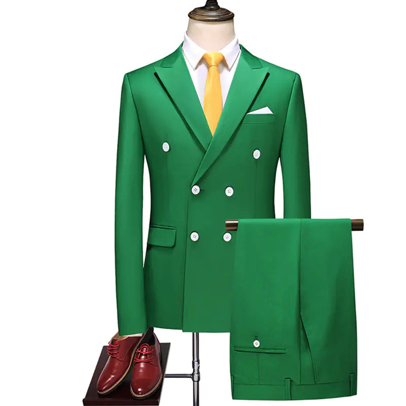 Men's Double Breasted Solid Color Coat and Trouser Suit with Lapel