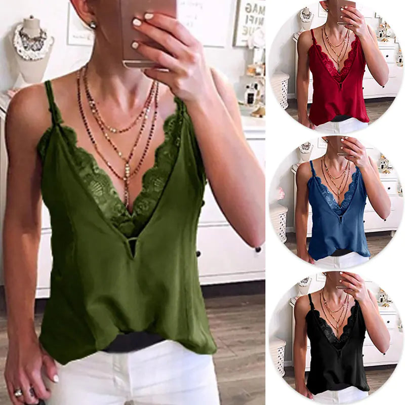 Women's Sexy Summer Deep V-Neck Lace Spaghetti Vest