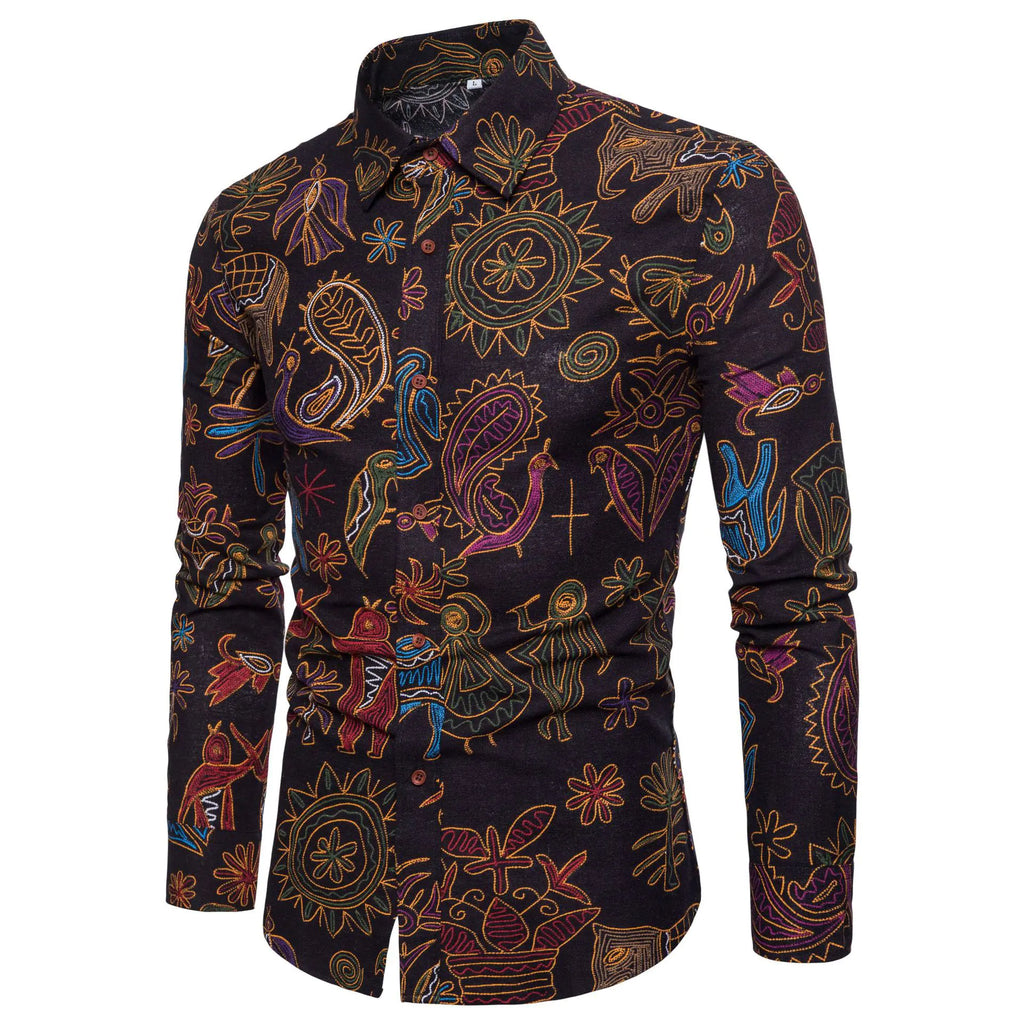 Men's Fashion Long Sleeve Floral Shirt for Fall