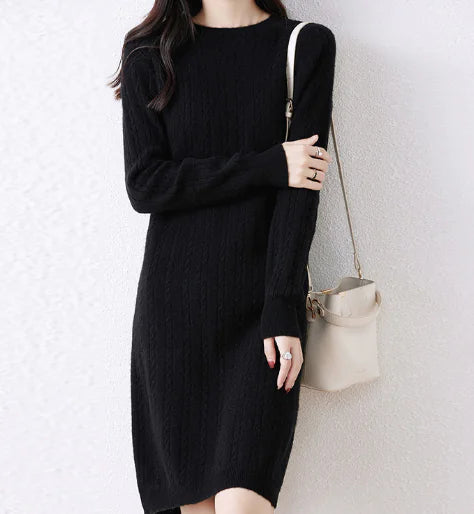 Round Neck Cable Knit Midi Dress - Loose Straight Style