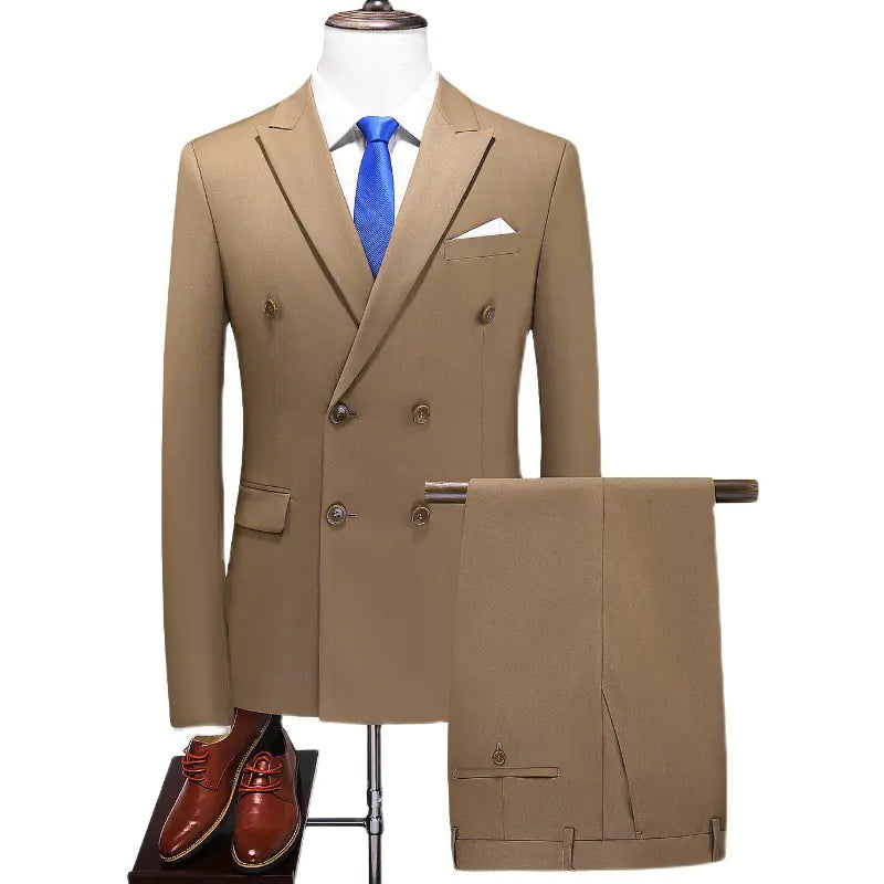 Men's Double Breasted Solid Color Coat and Trouser Suit with Lapel