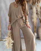 Summer V-Neck Batwing Sleeve Cotton Set