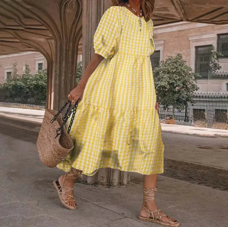 Checkered Ruffle Sleeve Dress