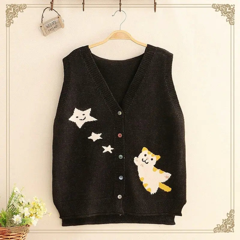 Autumn Loose Simple Knitted Sweater with Cat Embroidery