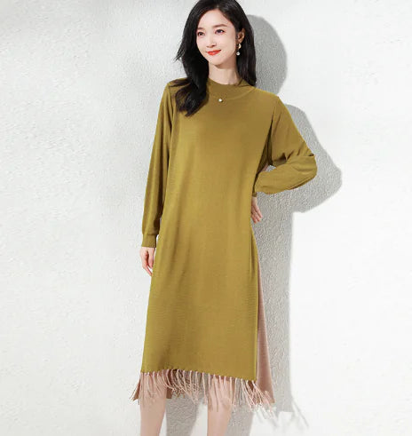 Loose Mid-length Knitted Dress with Tassels