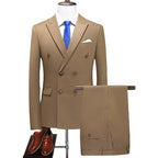 Men's Double Breasted Solid Color Coat and Trouser Suit with Lapel