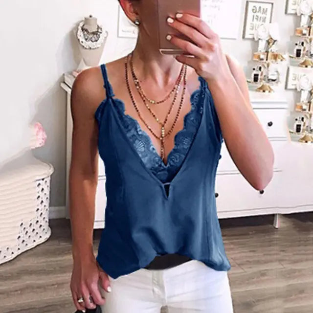 Women's Sexy Summer Deep V-Neck Lace Spaghetti Vest