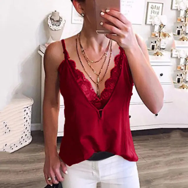 Women's Sexy Summer Deep V-Neck Lace Spaghetti Vest