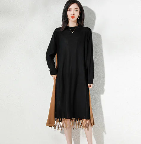 Loose Mid-length Knitted Dress with Tassels