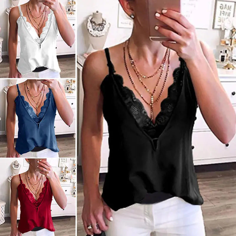 Women's Sexy Summer Deep V-Neck Lace Spaghetti Vest