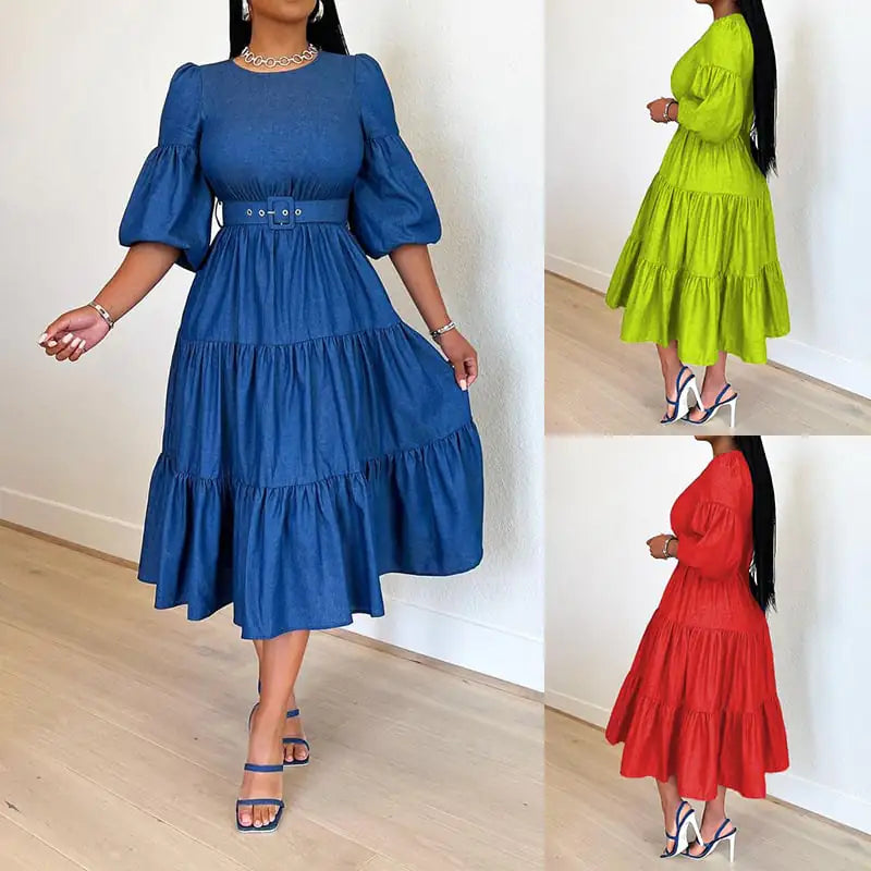 Women's Fashion Round Neck Swing Midi Dress