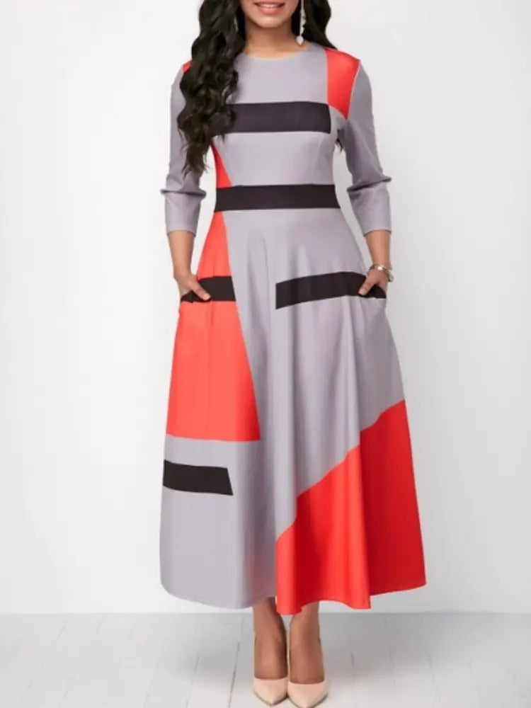 Plus Size Color Block Geometric Print Long Dress