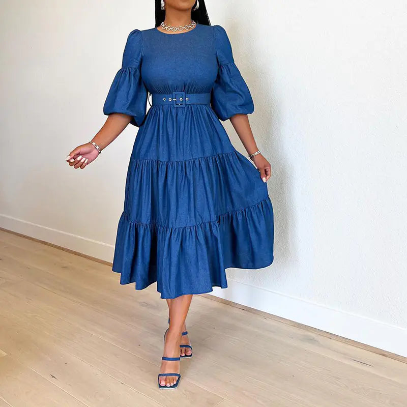 Women's Fashion Round Neck Swing Midi Dress