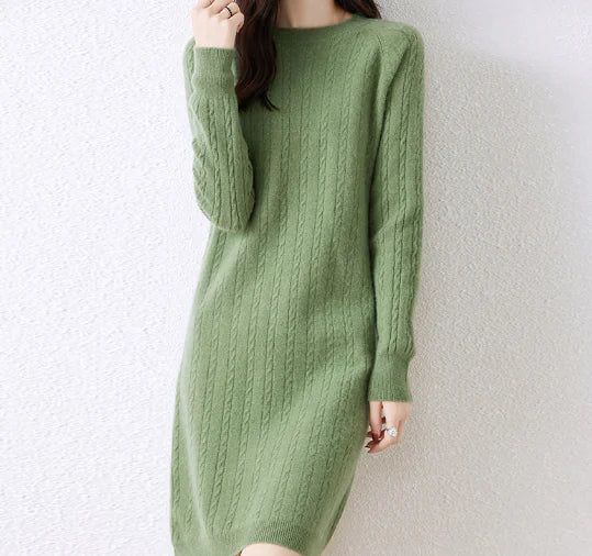 Round Neck Cable Knit Midi Dress - Loose Straight Style