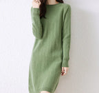 Round Neck Cable Knit Midi Dress - Loose Straight Style