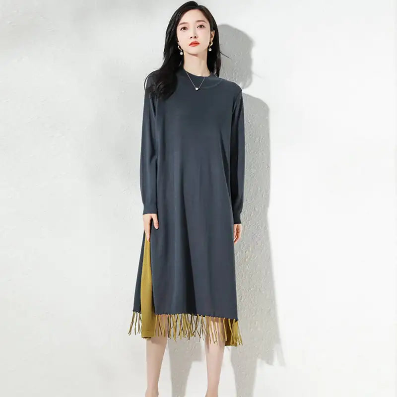 Loose Mid-length Knitted Dress with Tassels