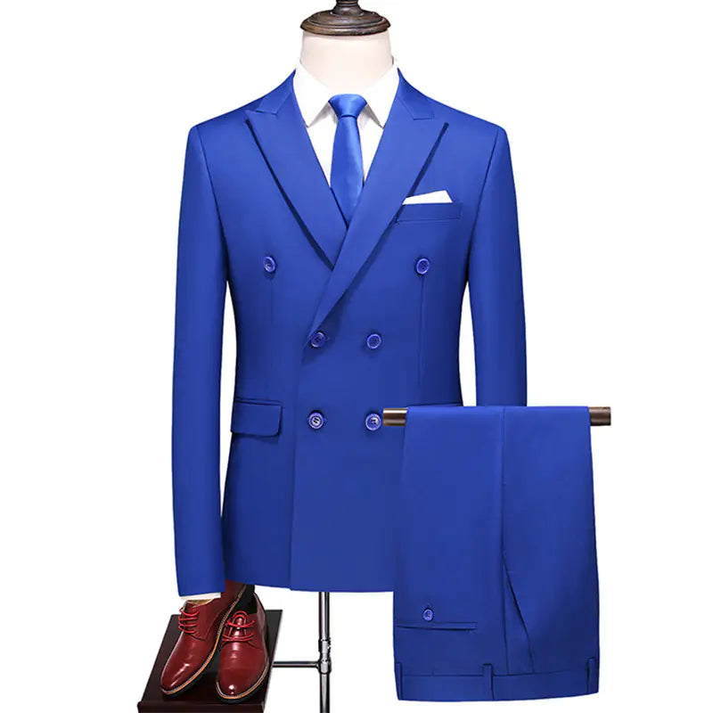 Men's Double Breasted Solid Color Coat and Trouser Suit with Lapel