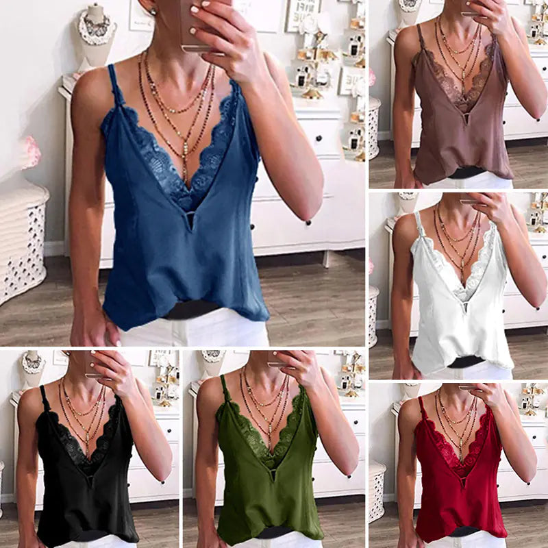 Women's Sexy Summer Deep V-Neck Lace Spaghetti Vest