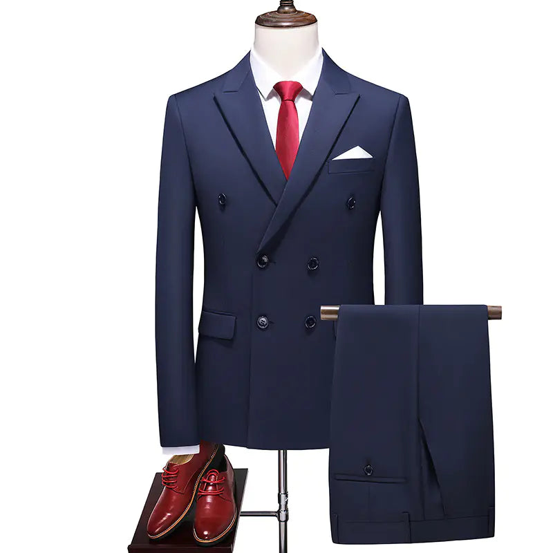 Men's Double Breasted Solid Color Coat and Trouser Suit with Lapel