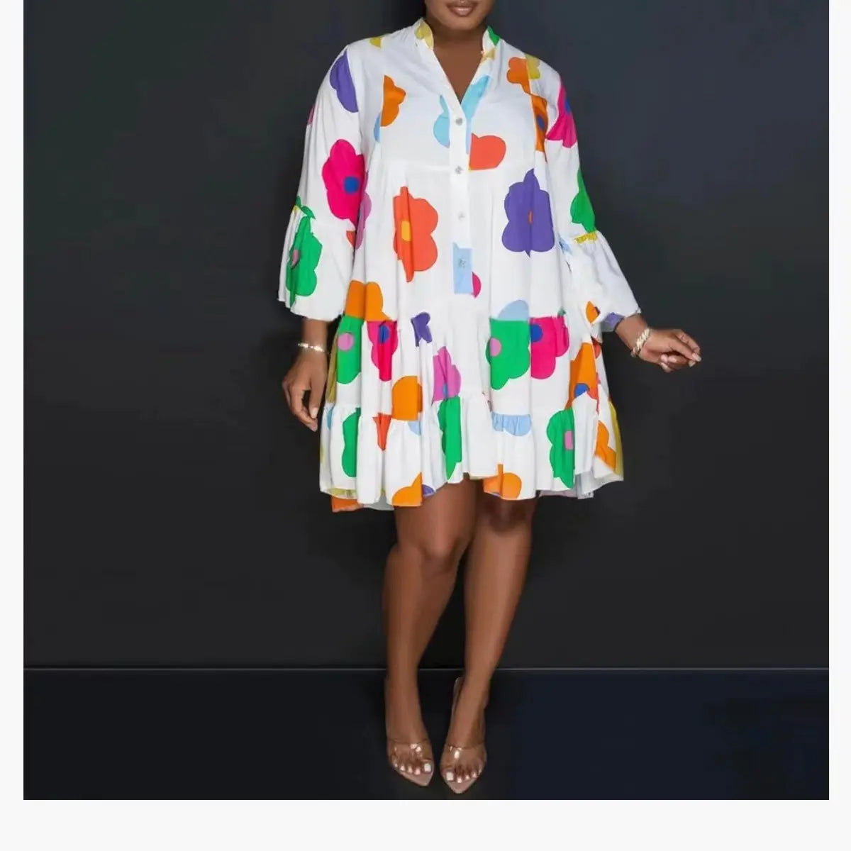 Loose Floral Print Long Sleeve V-Neck Maxi Dress