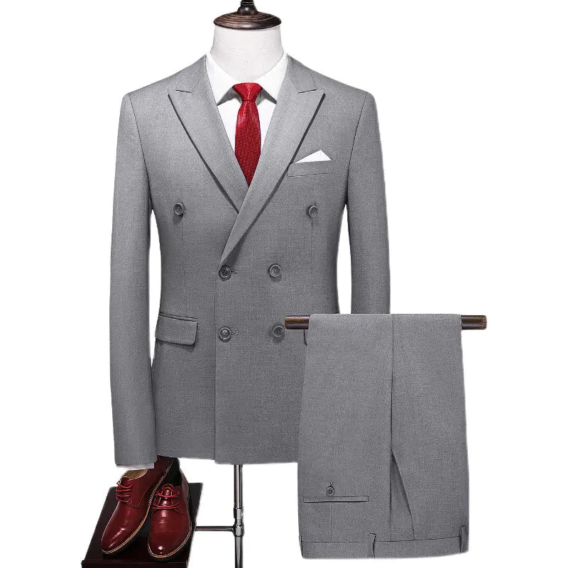Men's Double Breasted Solid Color Coat and Trouser Suit with Lapel
