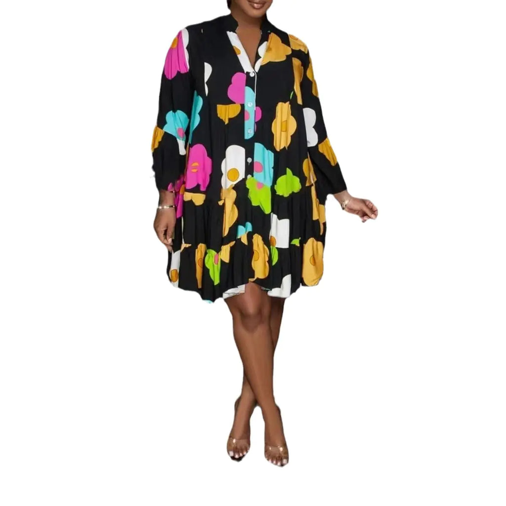 Loose Floral Print Long Sleeve V-Neck Maxi Dress