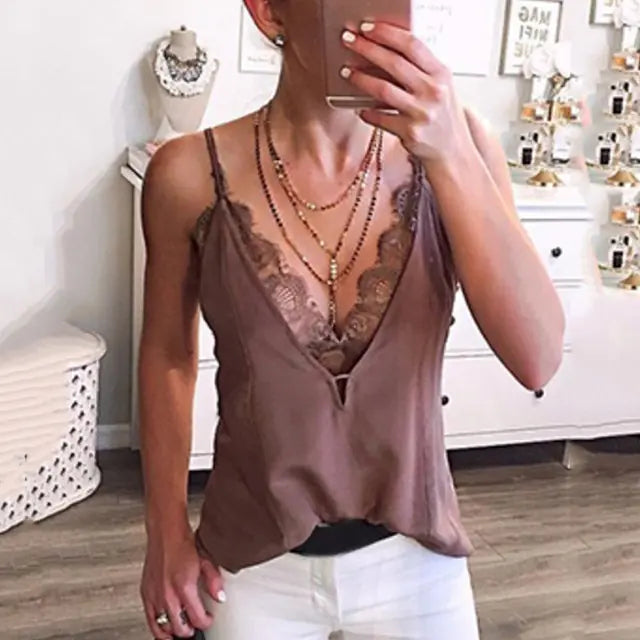 Women's Sexy Summer Deep V-Neck Lace Spaghetti Vest