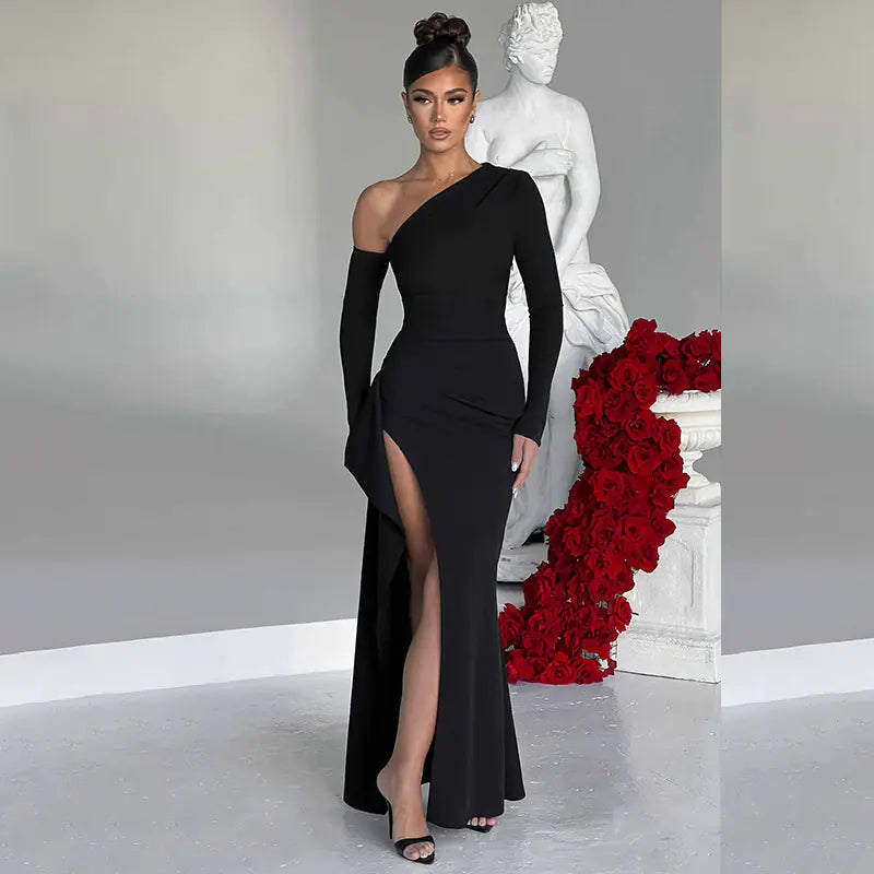One-Shoulder Long Sleeve Knitted Dress for Women