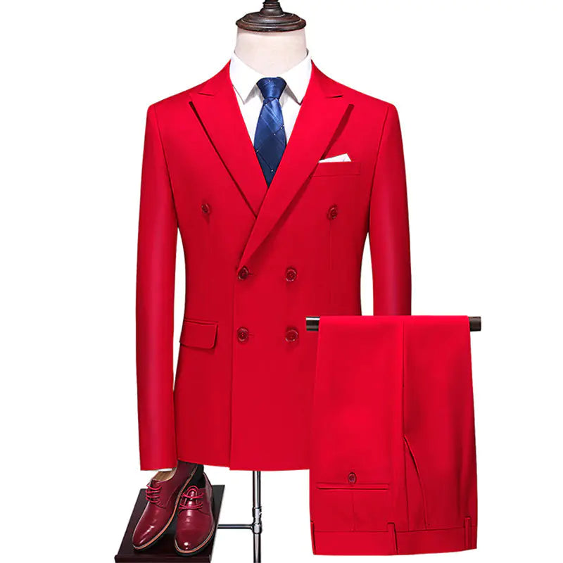 Men's Double Breasted Solid Color Coat and Trouser Suit with Lapel